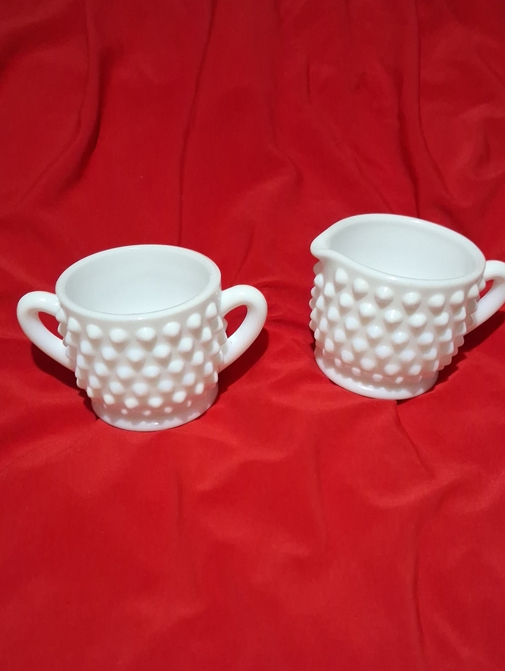 White Hobnail Miniature Milk Glass Creamer and Sugar Set